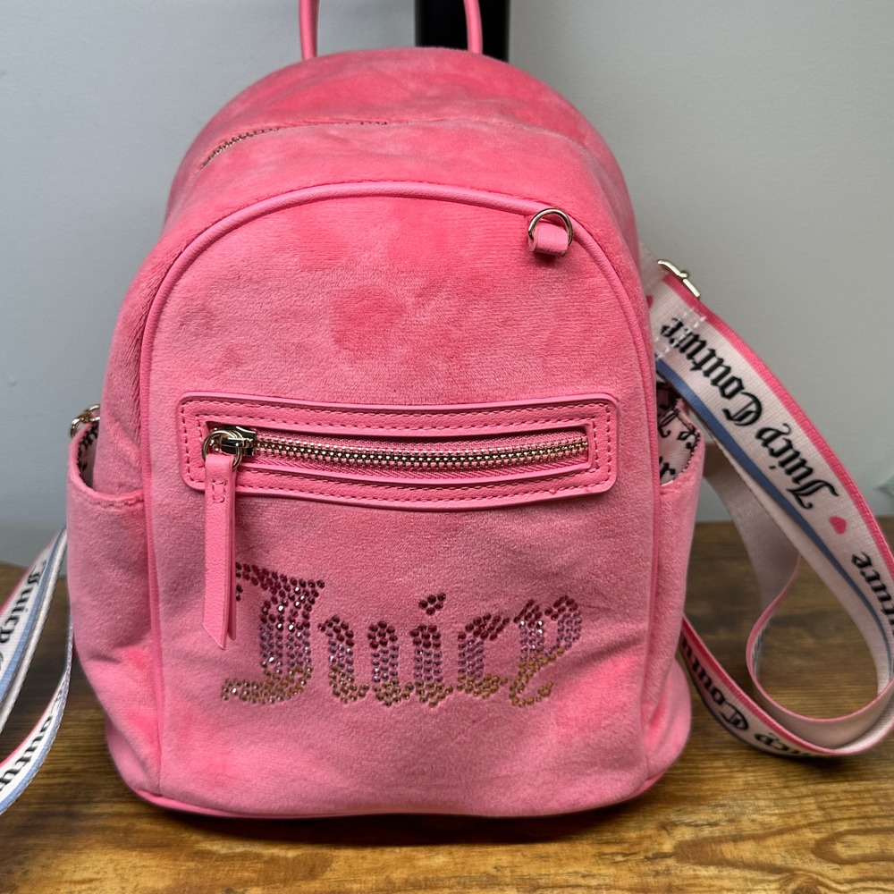 Juicy‎ Couture Pink Velour Mini Backpack Rhinestone Logo Webbed Straps Y2K Style